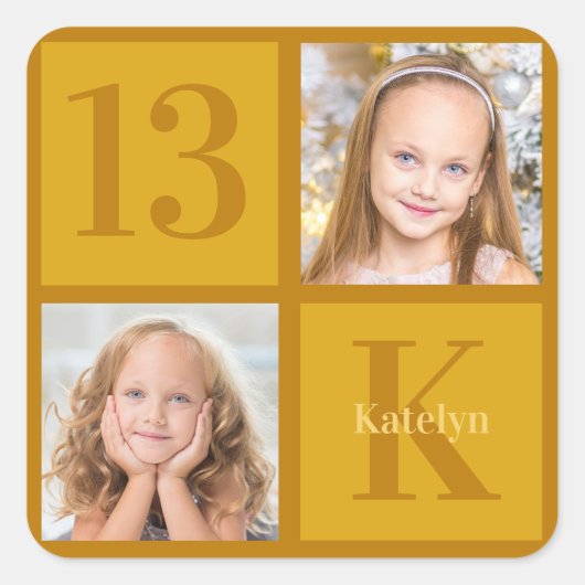 Chique Gold 2 Fotocollage Custom Verjaardagsfeest Vierkante Sticker (Voorkant)
