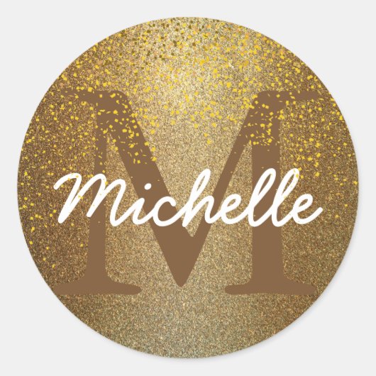 Chique Gold Confetti Monogram Naam Ronde Sticker (Voorkant)