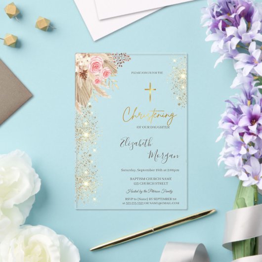 Chique Gold Cross Doop Goud Glitter Boho Bloemen Acryl Uitnodigingen (Insitu (Huwelijk))