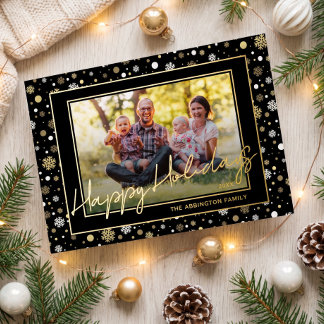 Chique goud folie op zwarte kerst familiefoto kaar feestdagenkaart