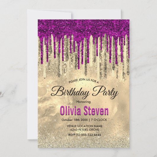 Chique goud heet roze paarse glitter druppels mono kaart (Voorkant)