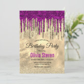 Chique goud heet roze paarse glitter druppels mono kaart (Staand voorkant)