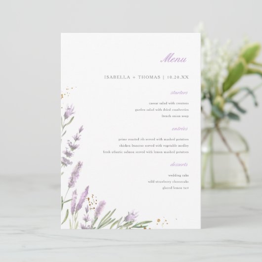 Chique Goud & Waterverf Lavendel Bloemen Bruiloft Menu (Staand voorkant)