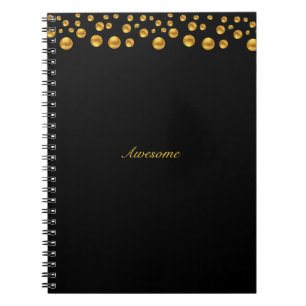 Chique gouden confetti en kalligrafie op zwart notitieboek
