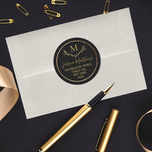 Chique gouden folie krans monogram retour adres ronde sticker