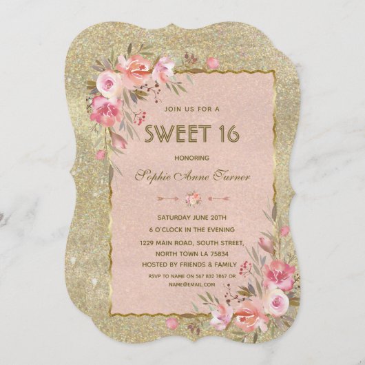 Chique Gouden Glitter Blush Bloemige Sweet Sixteen Kaart (Voorkant / Achterkant)
