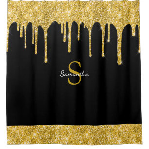 Chique Gouden Glitter Drip Glans Zwart Monogram Na Douchegordijn