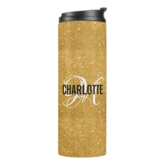 Chique gouden glitter monogram naam thermosbeker (Gedraaid links)
