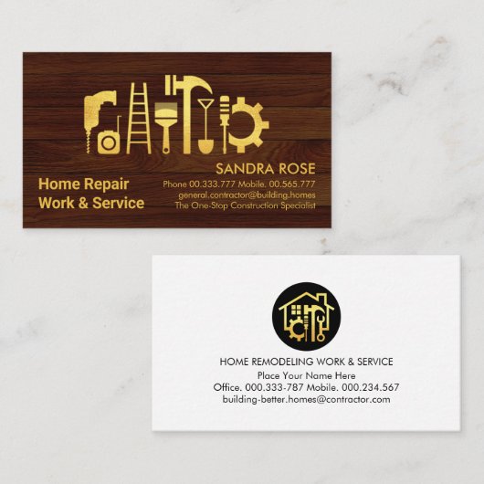 Chique gouden handyman gereedschap op hout visitekaartje (Voorkant / Achterkant)