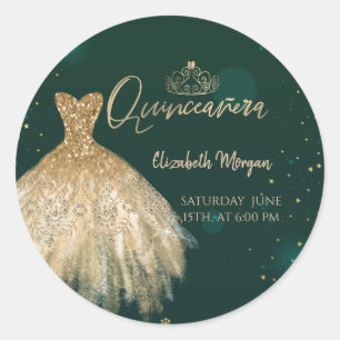 Chique gouden jurk tiara,diamanten groene Quinceañ Ronde Sticker