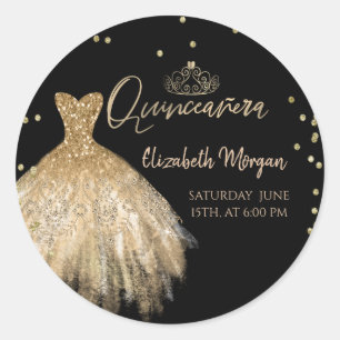 Chique gouden jurk tiara,diamanten zwarte Quinceañ Ronde Sticker