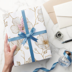 Chique gouden lijn bloem wit bloempatroon cadeaupapier