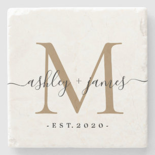 Chique Gouden Monogram Script Namen Trouwdatum Stenen Onderzetter