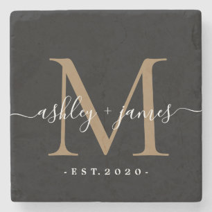Chique Gouden Monogram Script Namen Trouwdatum Zwa Stenen Onderzetter