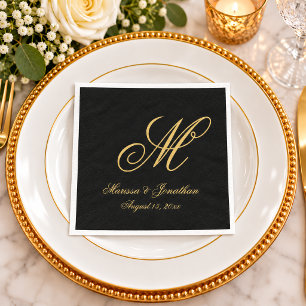 Chique Gouden Monogram Script Zwarte Huwelijksslui Servet