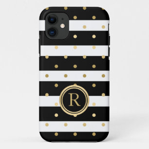 Chique gouden-polka stippen met zwarte & witte str iPhone 11 hoesje