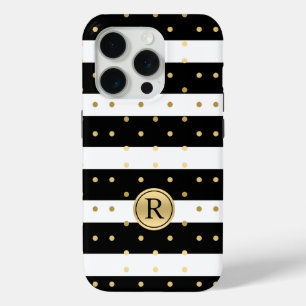 Chique gouden-polka stippen met zwarte & witte str iPhone 15 pro case
