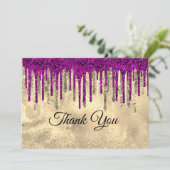 Chique gouden roze paarse glinster druppels bedankkaart (Staand voorkant)