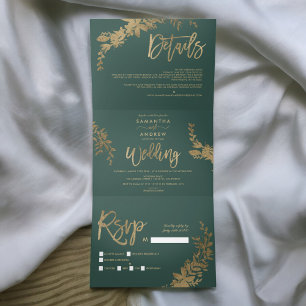 Chique gouden script Floral blad elegante bruiloft Drieluik Uitnodiging