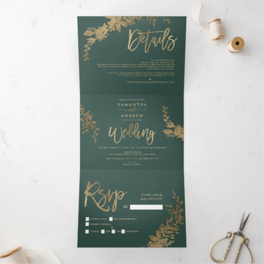Chique gouden script Floral blad elegante bruiloft Drieluik Uitnodiging (Binnen)