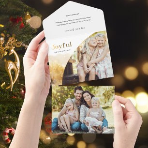 Chique gouden vreugdevol script met gebogen foto all in one uitnodiging