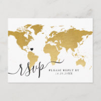 Chique gouden Wereldkaart met hart RSVP-Briefkaart