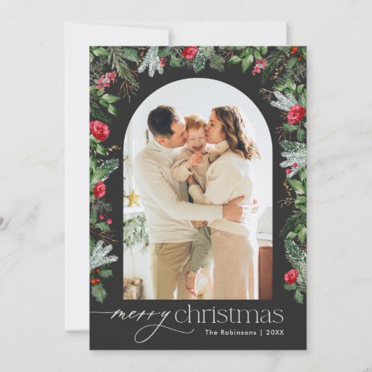 Chique grijs botanische boog 1 foto vrolijke kerst feestdagenkaart (Voorkant)