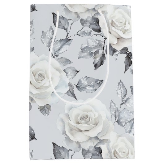 Chique grijs zilver wit bloem bruiloft medium cadeauzakje (Voorkant)