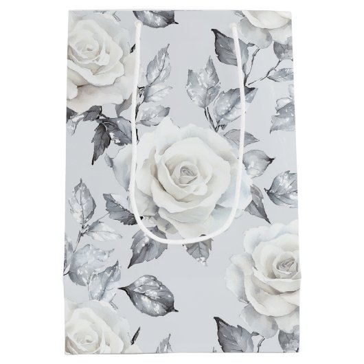 Chique grijs zilver wit bloem bruiloft medium cadeauzakje (Achterkant)
