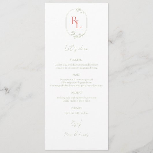 Chique Groen & Wit Bloemen Monogram Bruiloft Menu (Voorkant)