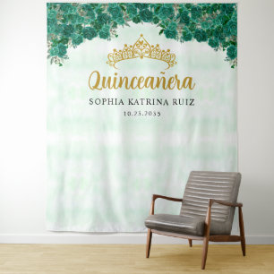 Chique groene bloementiara quinceanera foto achter wandkleed