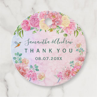 Chique groene en roze delicate waterverf bloemige bedankjes labels