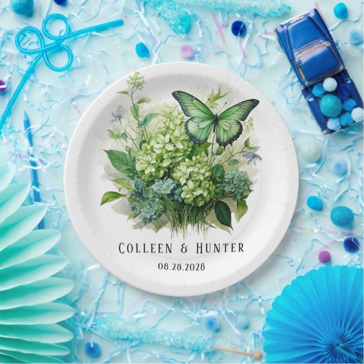 Chique groene hortensia bloem vlinder bruiloft  papieren bordje (Feest)