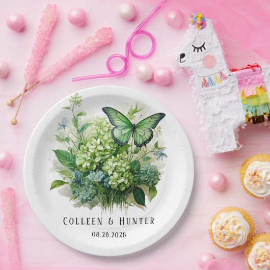 Chique groene hortensia bloem vlinder bruiloft papieren bordje (Feest)