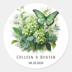 Chique groene hortensia bloemenvlinder bruiloft ronde sticker