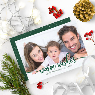 Chique groene kalligrafie foto kerst met warme wen kaart