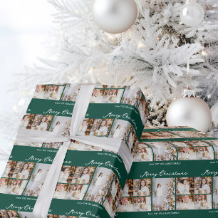 Chique groene vrolijke kerst foto collage cadeaupapier