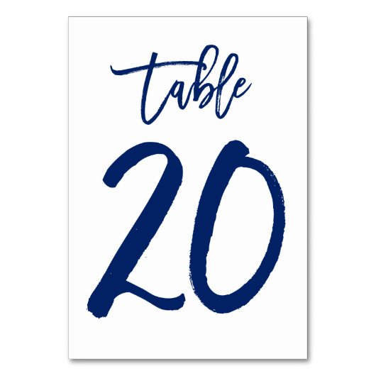 Chique Hand Lettered Table Number Navy | Tabel 20 Kaart (Voorkant)