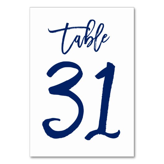 Chique Hand Lettered Table Number Navy | Tabel 31 Kaart (Voorkant)