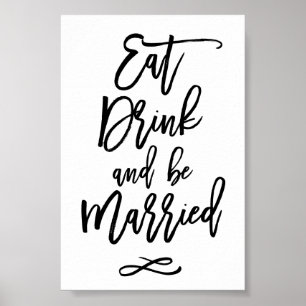 Chique handgeschreven huwelijks eten drinken en ge poster