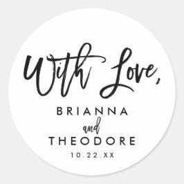 Chique handgeschreven trouwlabel met liefde ronde sticker