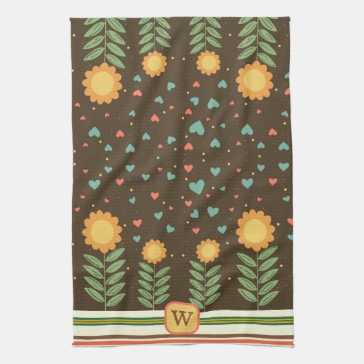 Chique hart bloemmotief bruin monogram Initiaal Theedoek (Verticaal)