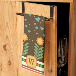 Chique hart bloemmotief bruin monogram Initiaal Theedoek