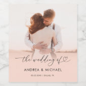 Chique Hart Script Pink Faded Foto van de bruiloft Wijn Etiket (Enkel label)