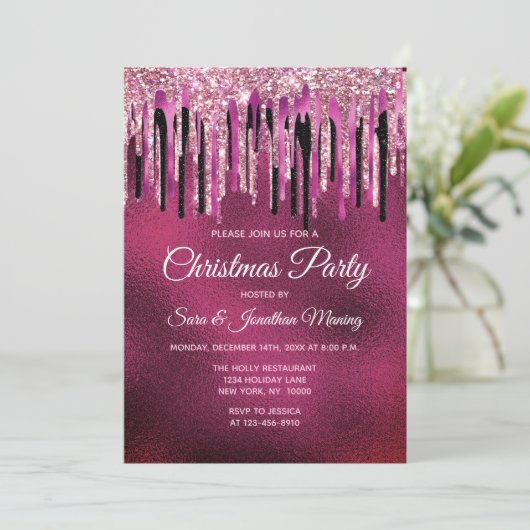 Chique heet roze zwart druppels glitter kerst kaart (Staand voorkant)