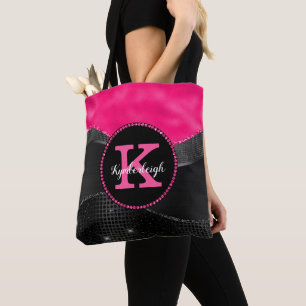 Chique Heet Roze Zwart Grijs Waves Glam Monogram N Draagtas