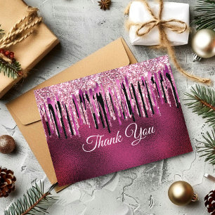 Chique hete roze zwarte druipende glitter bedankkaart