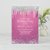 Chique Hot Pink Zilveren Druppelende Glitter Monog Kaart (Staand voorkant)