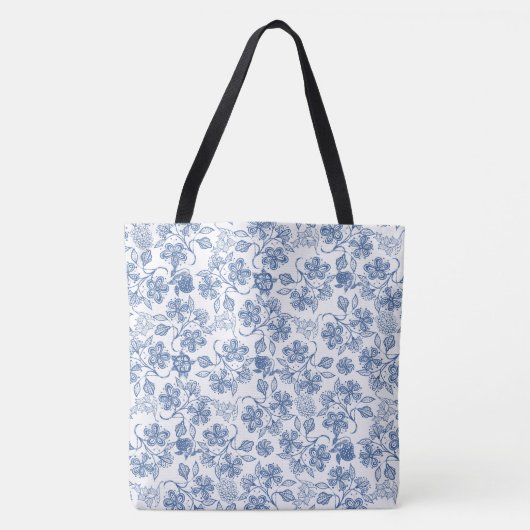 Chique Indigo Blauw en Wit Bloemen Patroon Draagtas (Voorkant)