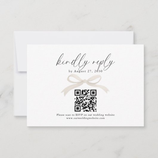 Chique Ivoor Beige Bow Lint QR Code Bruiloft RSVP Kaartje (Voorkant)